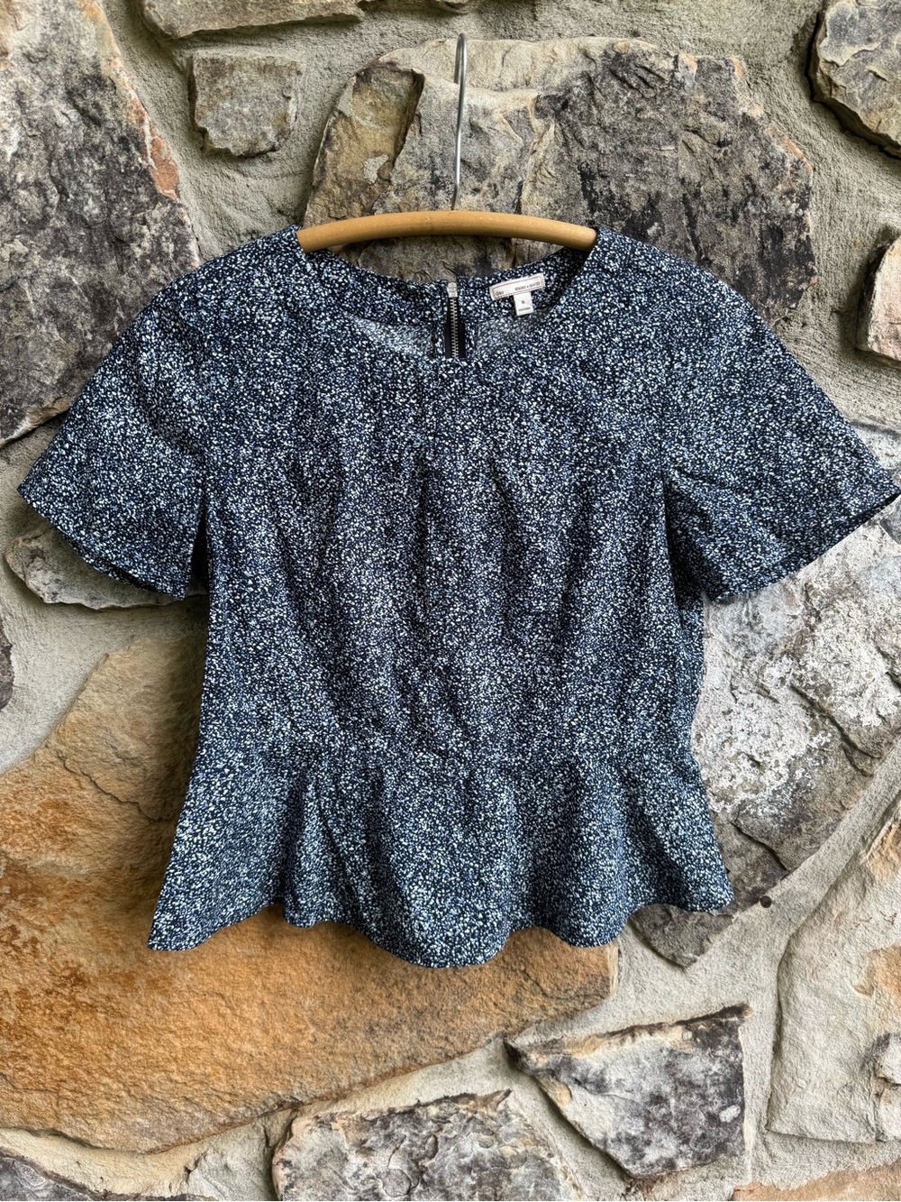 GAP 2010s Blue and White Speckled Short-Sleeve Peplum Top 100% Cotton Y2K